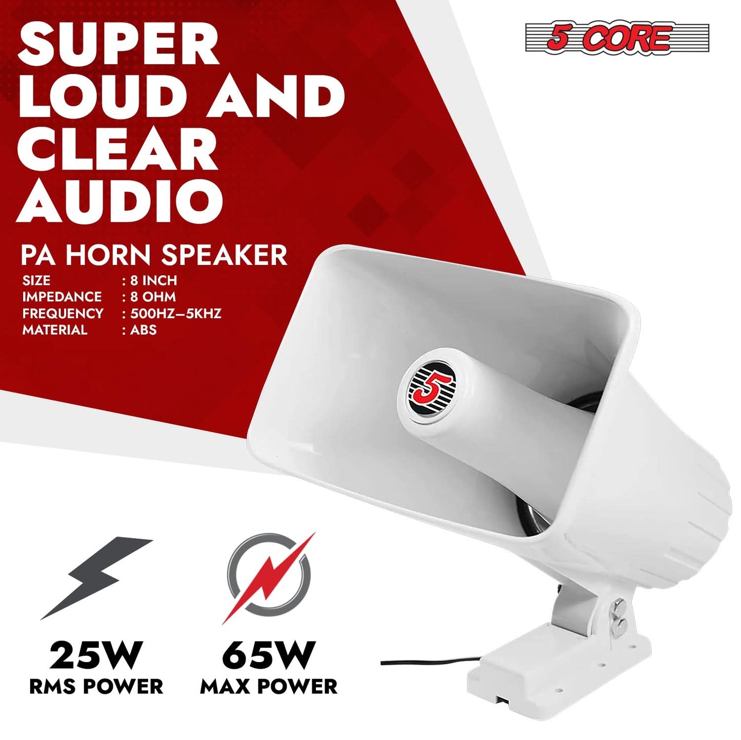 5 Core PA Speaker Pair 5 x 8" 65W Bull Horn Loud Audio Outdoor Speakers System 8Ohm Reflex Megaphone
